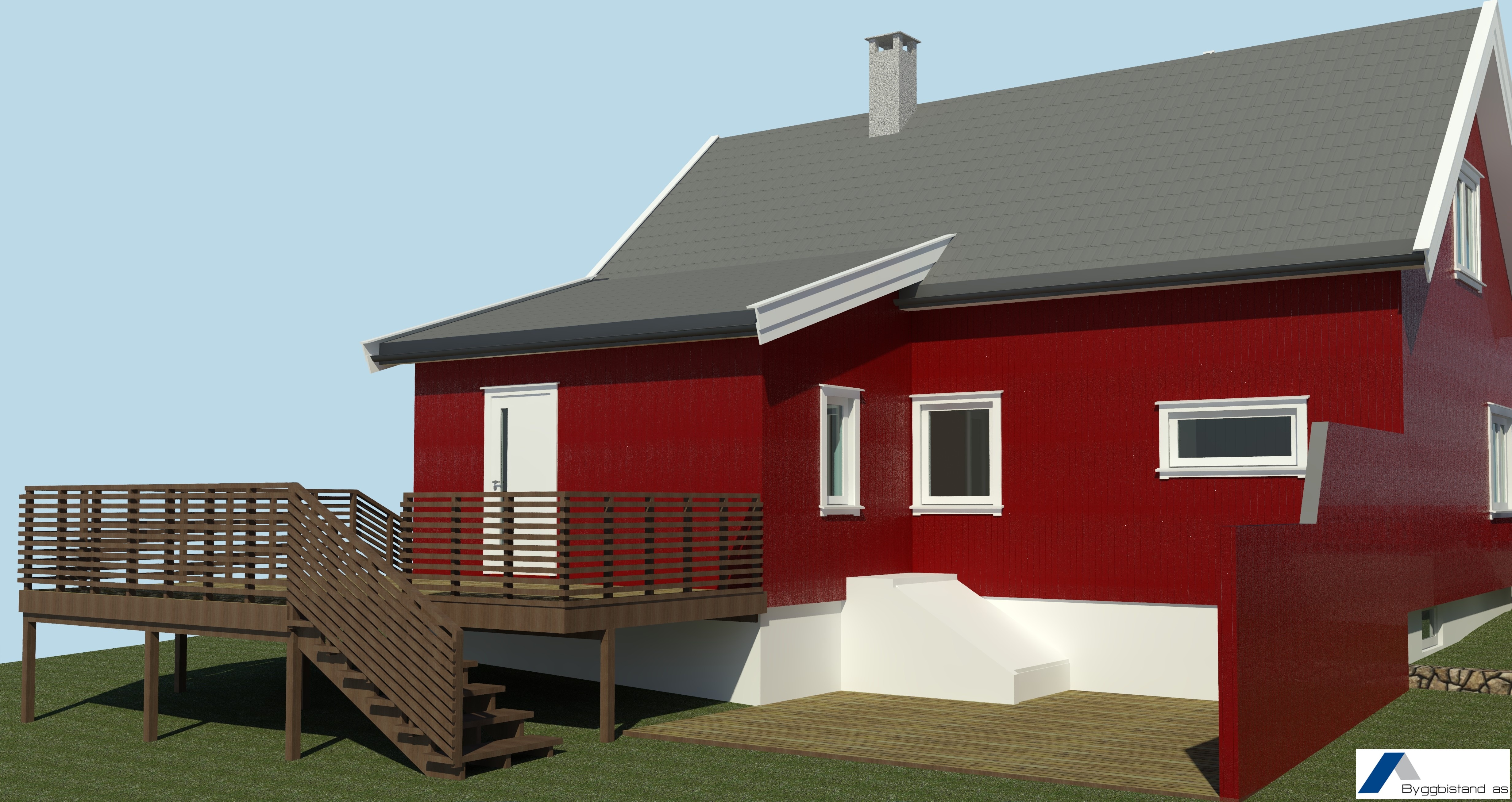 3D-visning av planlagt terrasse og fasade på et tilbygg på Borre